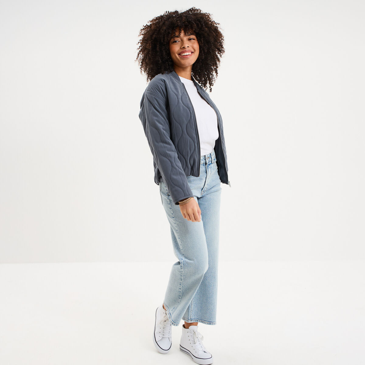 Blouson bomber matelass&eacute; gris femme