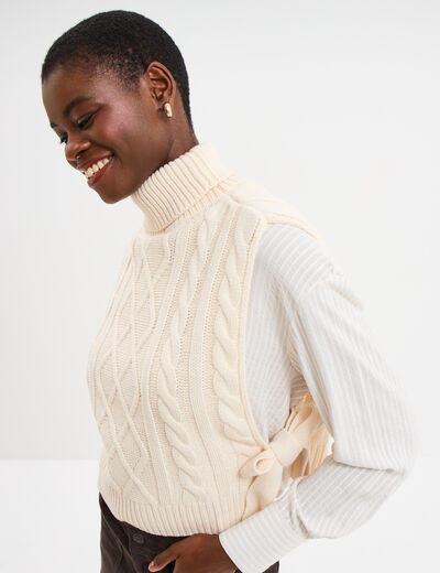 Pull gilet noeuds col roulé sans manches sable femme
