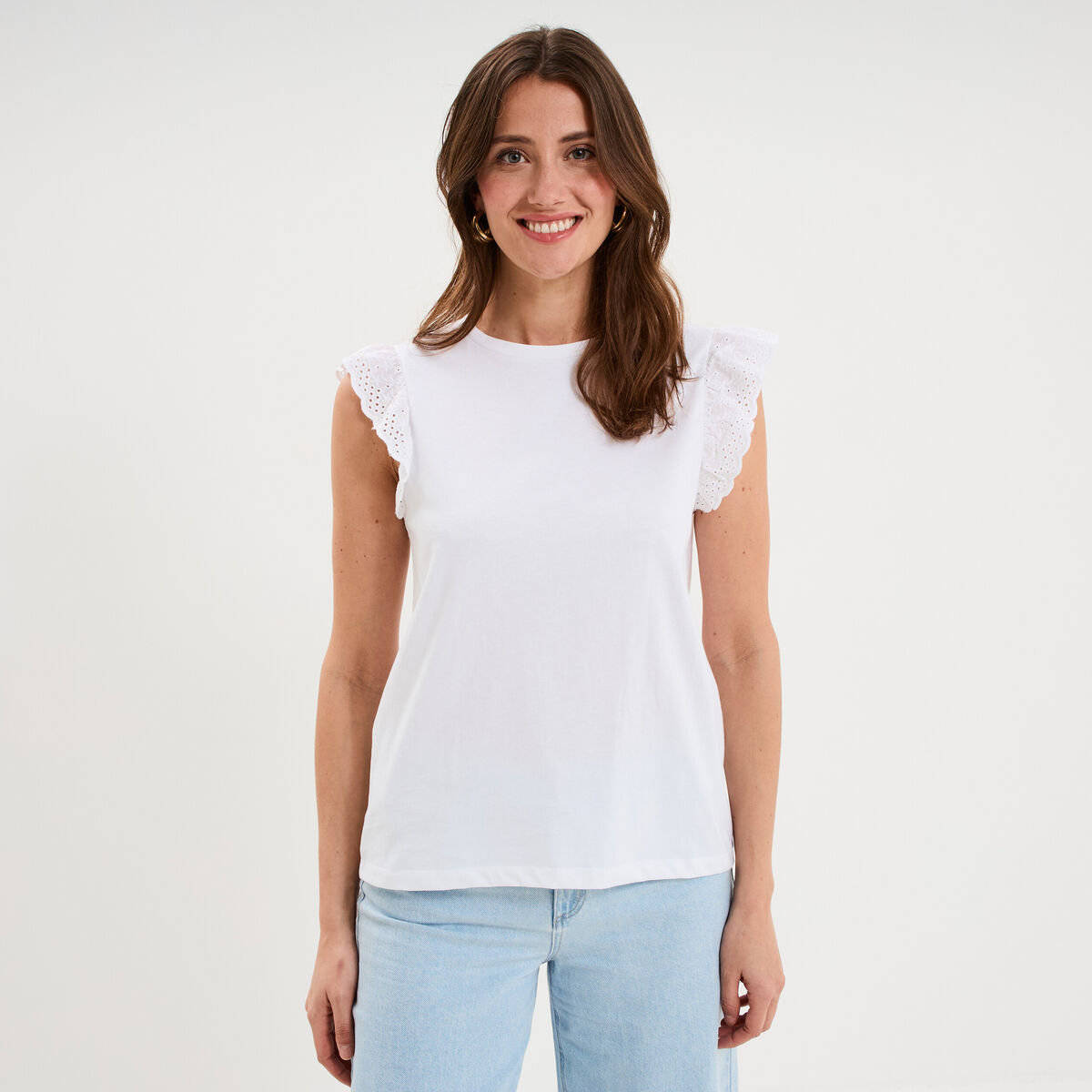 D&eacute;bardeur volants broderie anglaise blanc femme