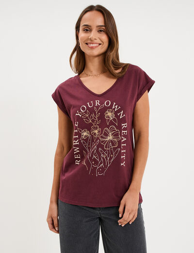 T-shirt coton col en V manches courtes violet fonc&eacute; femme