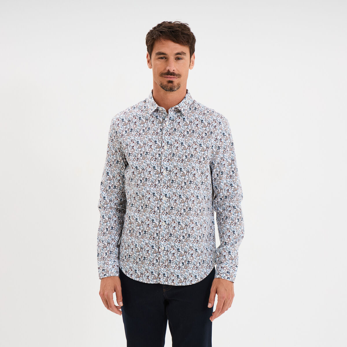 Chemise droite imprimée manches longues ecru homme