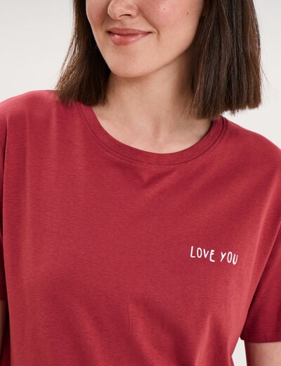 T-shirt col rond manches courtes coton rouge fonc&eacute; femme