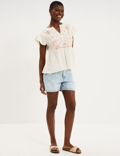 Blouse brod&eacute;e manches volants coton creme femme