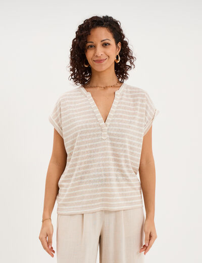 T-shirt col tunisien manches courtes beige clair femme