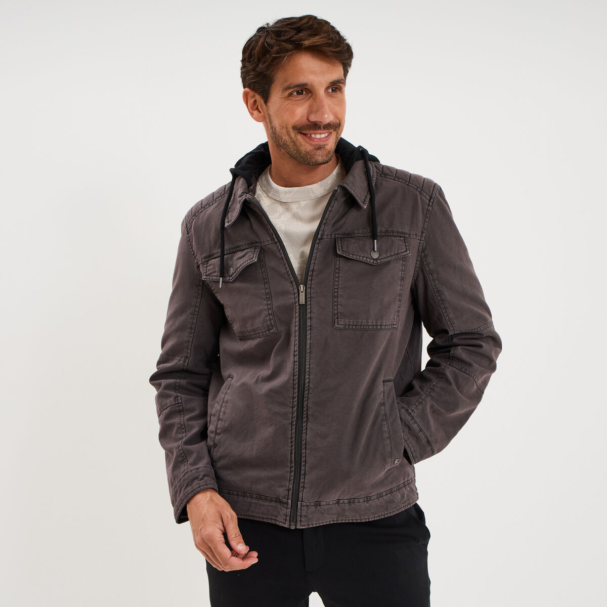 Veste doubl&eacute;e capuche amovible en coton gris fonc&eacute; homme