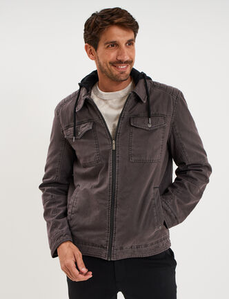 Veste doubl&eacute;e capuche amovible en coton gris fonc&eacute; homme