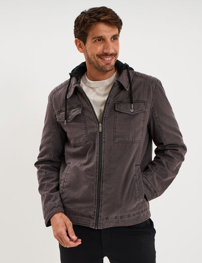 Veste doubl&eacute;e capuche amovible en coton gris fonc&eacute; homme
