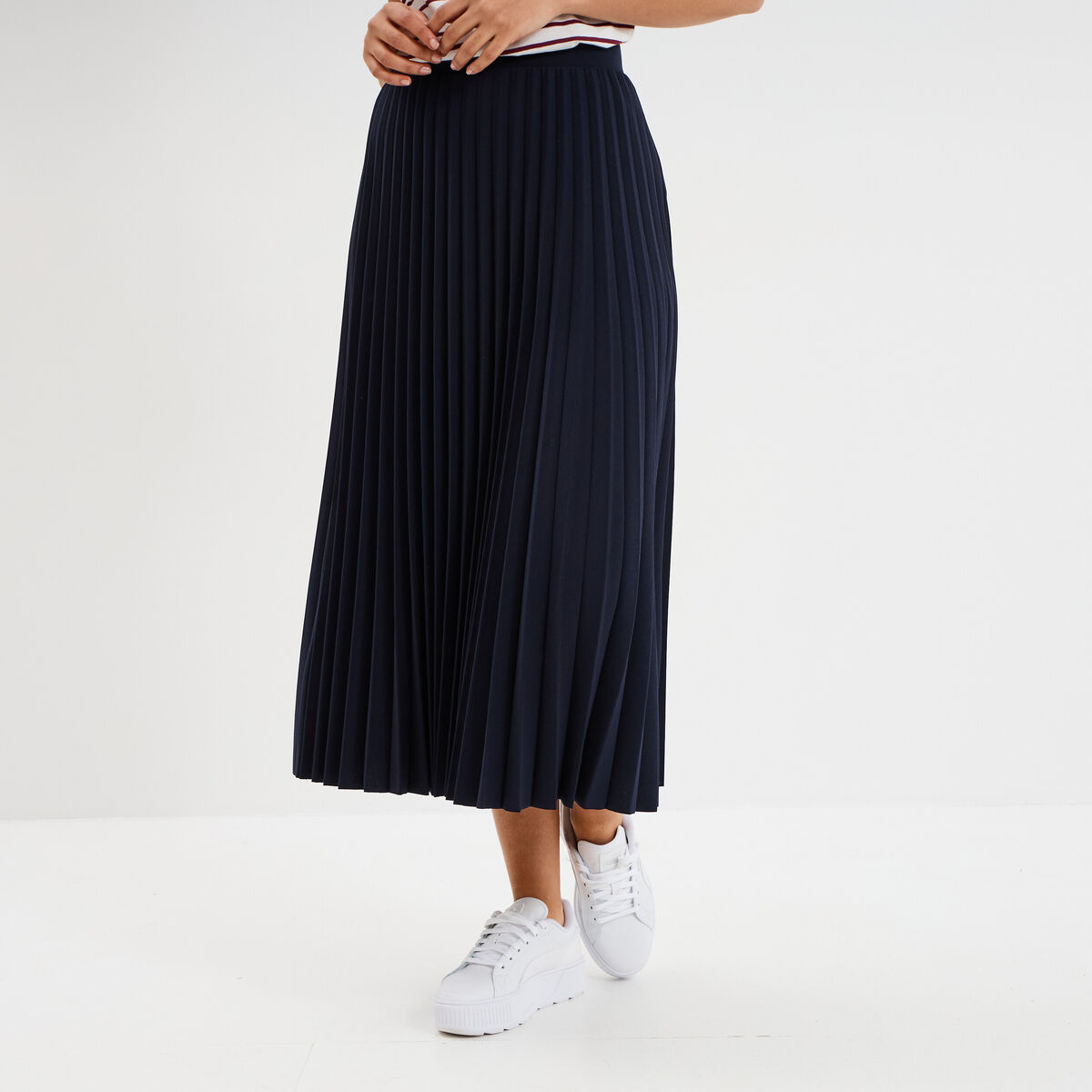 Jupe midi plissée patineuse bleu foncé femme