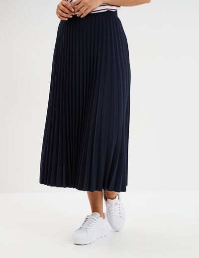Jupe midi plissée patineuse bleu foncé femme