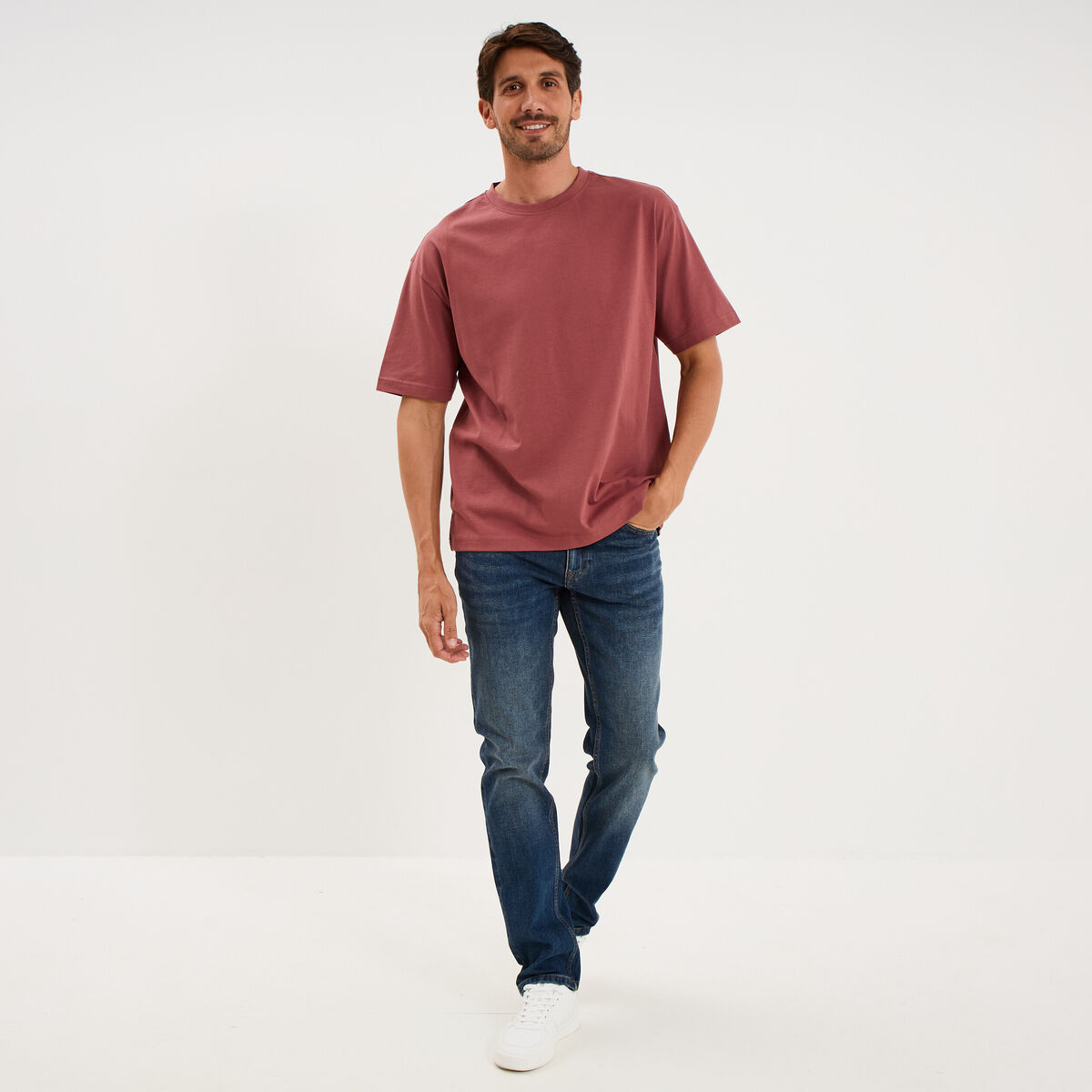 T-shirt col rond coupe relax coton &eacute;pais vieux rose homme