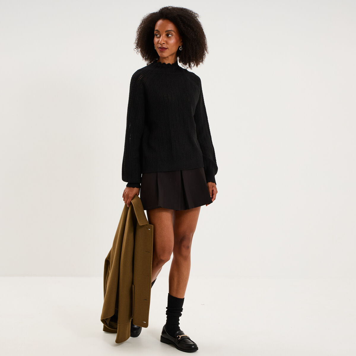 Pull col montant textur&eacute; manches longues noir femme