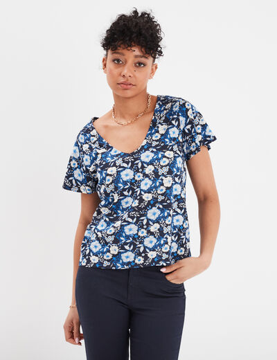 T-shirt manches courtes épaules smockées bleu marine femme