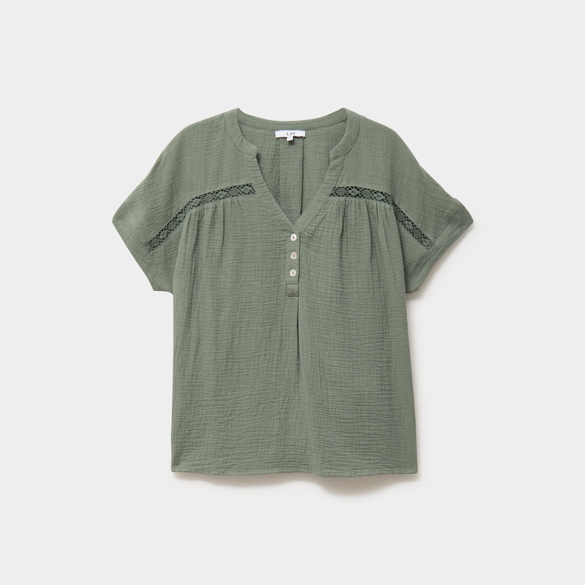 Blouse Col tunisien gaze de coton vert kaki femme