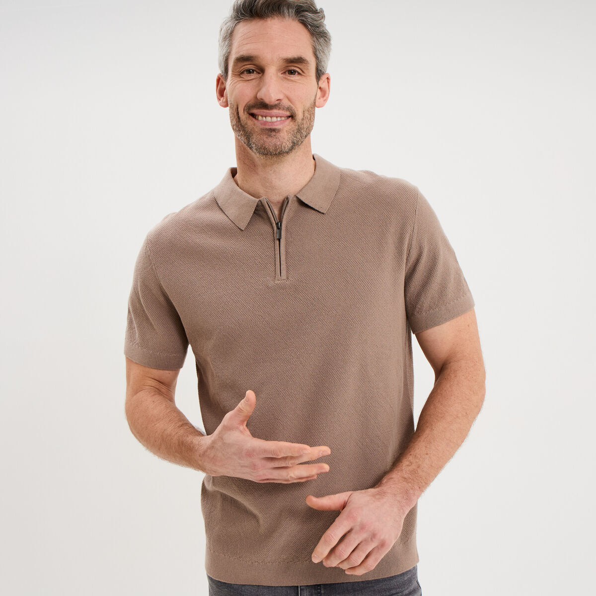 Polo col zipp&eacute; manches courtes coton marron homme
