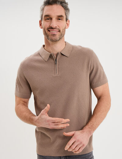 Polo col zipp&eacute; manches courtes coton marron homme