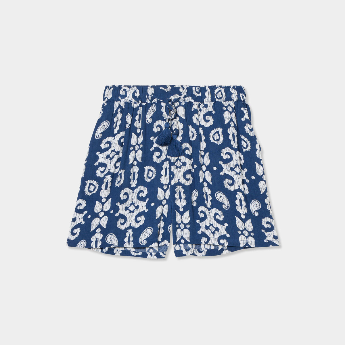 Short large crêpe avec pampilles bleu marine femme