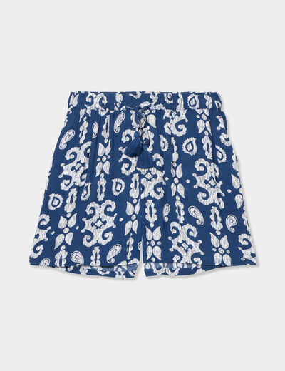 Short large crêpe avec pampilles bleu marine femme