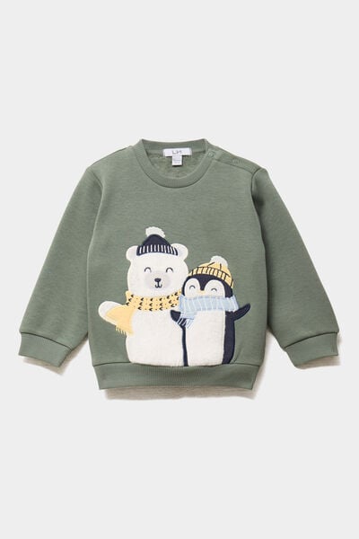 Sweat molletonn&eacute; &eacute;paule boutonn&eacute;e vert kaki b&eacute;b&eacute; gar&ccedil;on