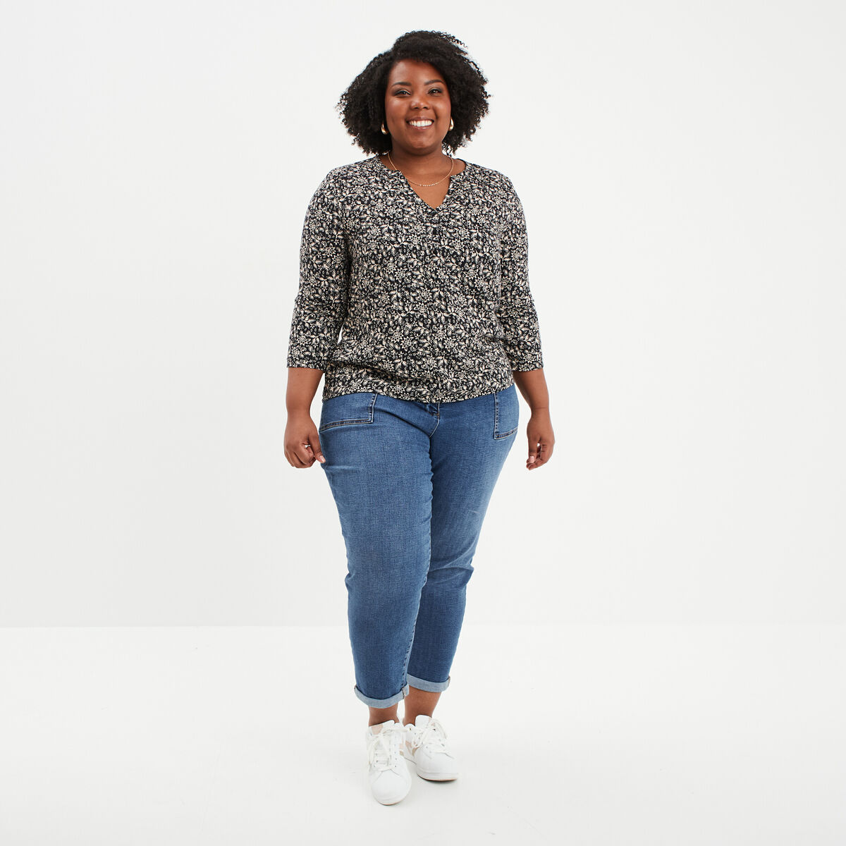 Blouse manches 3/4 retroussables noir femme grande taille