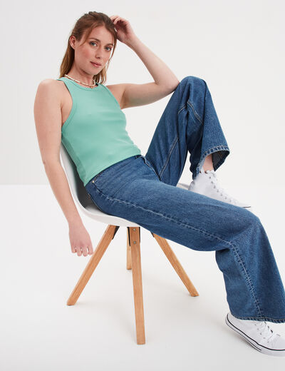 Débardeur côtelé encolure américaine bleu turquoise femme