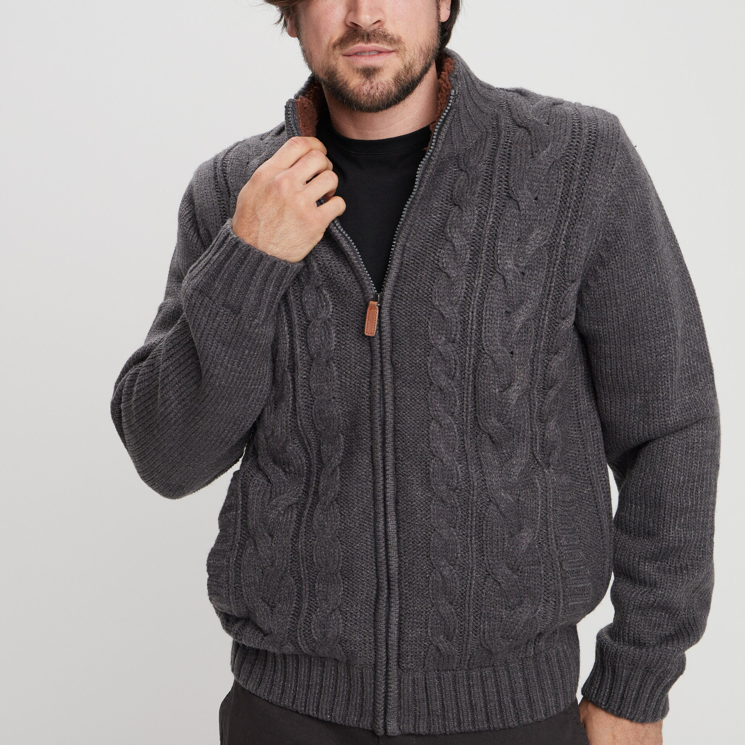 Gilet zippé avec torsades gris foncé homme TRAPPEUR