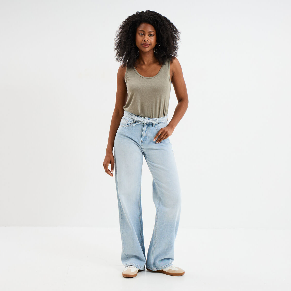Débardeur col rond lin mélangé vert kaki femme