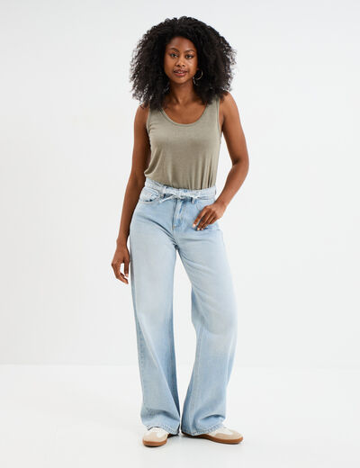 Débardeur col rond lin mélangé vert kaki femme