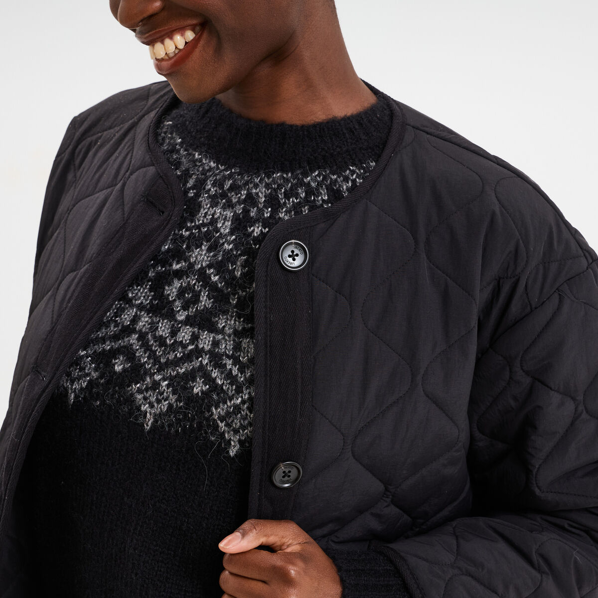 Doudoune boutonnée col rond noir femme