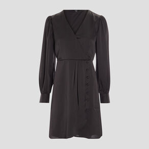 Robe portefeuille manches ballon satinée noir femme