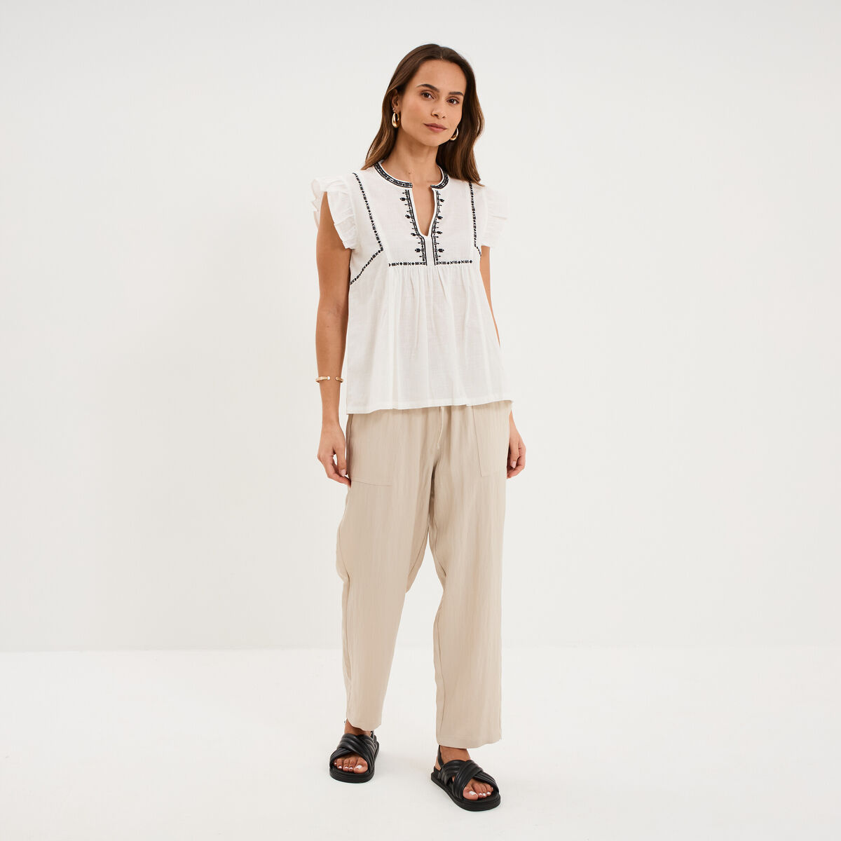 Pantalon fluide carotte &eacute;lastiqu&eacute;e beige femme