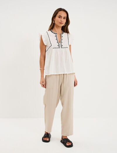 Pantalon fluide carotte &eacute;lastiqu&eacute;e beige femme