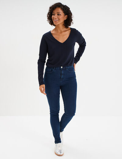 Pull ajusté avec col en V bleu marine femme