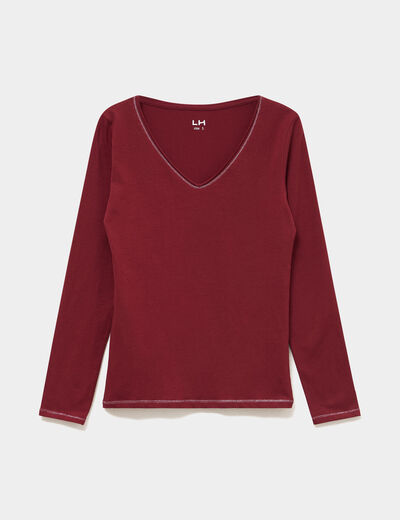T-shirt manches longues col en V coton bordeaux femme