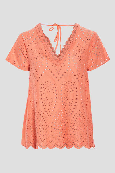 Blouse manches courtes rouge corail femme