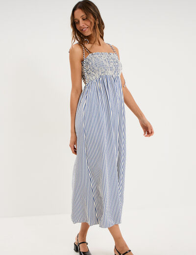 Robe longue &agrave; bretelles et haut smock&eacute; bleu femme