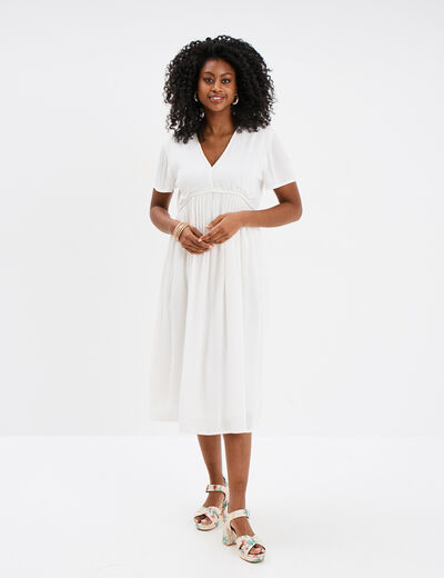 Robe midi fluide manches courtes blanc femme
