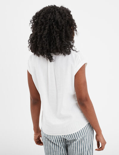 Blouse col V manches courtes lin m&eacute;lang&eacute; blanc femme