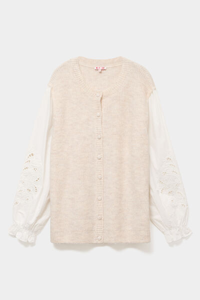 Gilet 2 en 1 manches broderie ajour&eacute;e beige femme grande taille