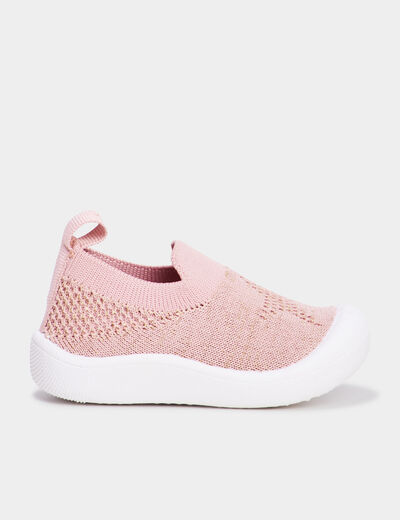 Chaussons tricot &agrave; semelle souple rose b&eacute;b&eacute; fille
