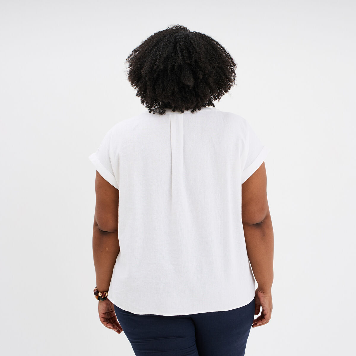 Blouse col V manches courtes mélange lin blanc femme grande taille