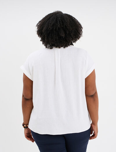 Blouse col V manches courtes mélange lin blanc femme grande taille