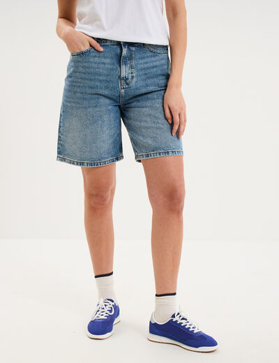 Bermuda short droit en jean coton denim double stone femme