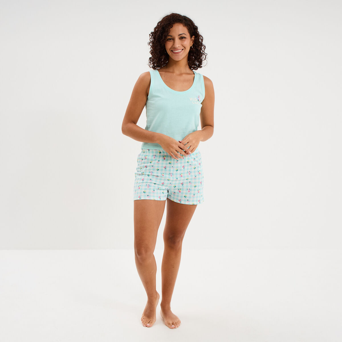 D&eacute;bardeur col rond droit coton bleu turquoise femme