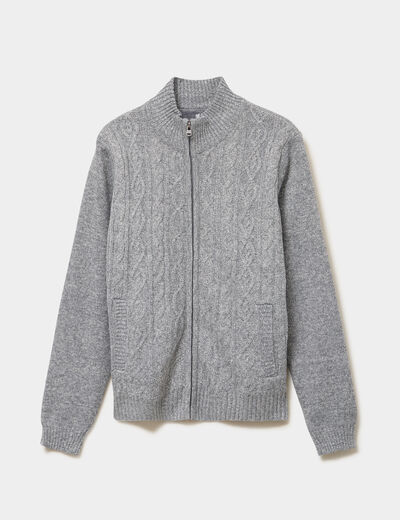 Gilet &agrave; torsades et col montant gris clair homme