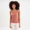 D&eacute;bardeur c&ocirc;tel&eacute; encolure dentelle terracotta femme