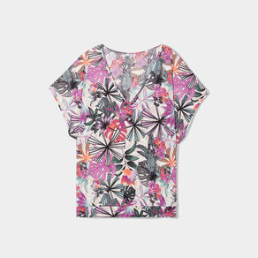 T-shirt col en V manches courtes ecru femme grande taille