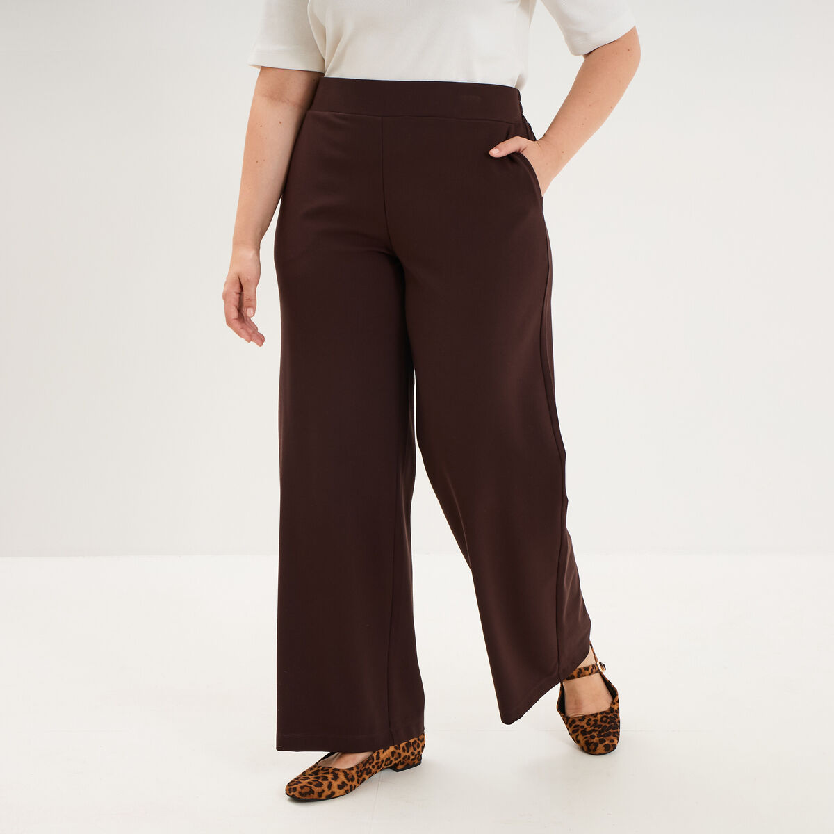 Pantalon large taille haute marron fonc&eacute; femme grande taille