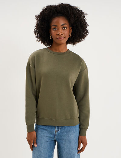Sweat col rond manches longues vert kaki femme