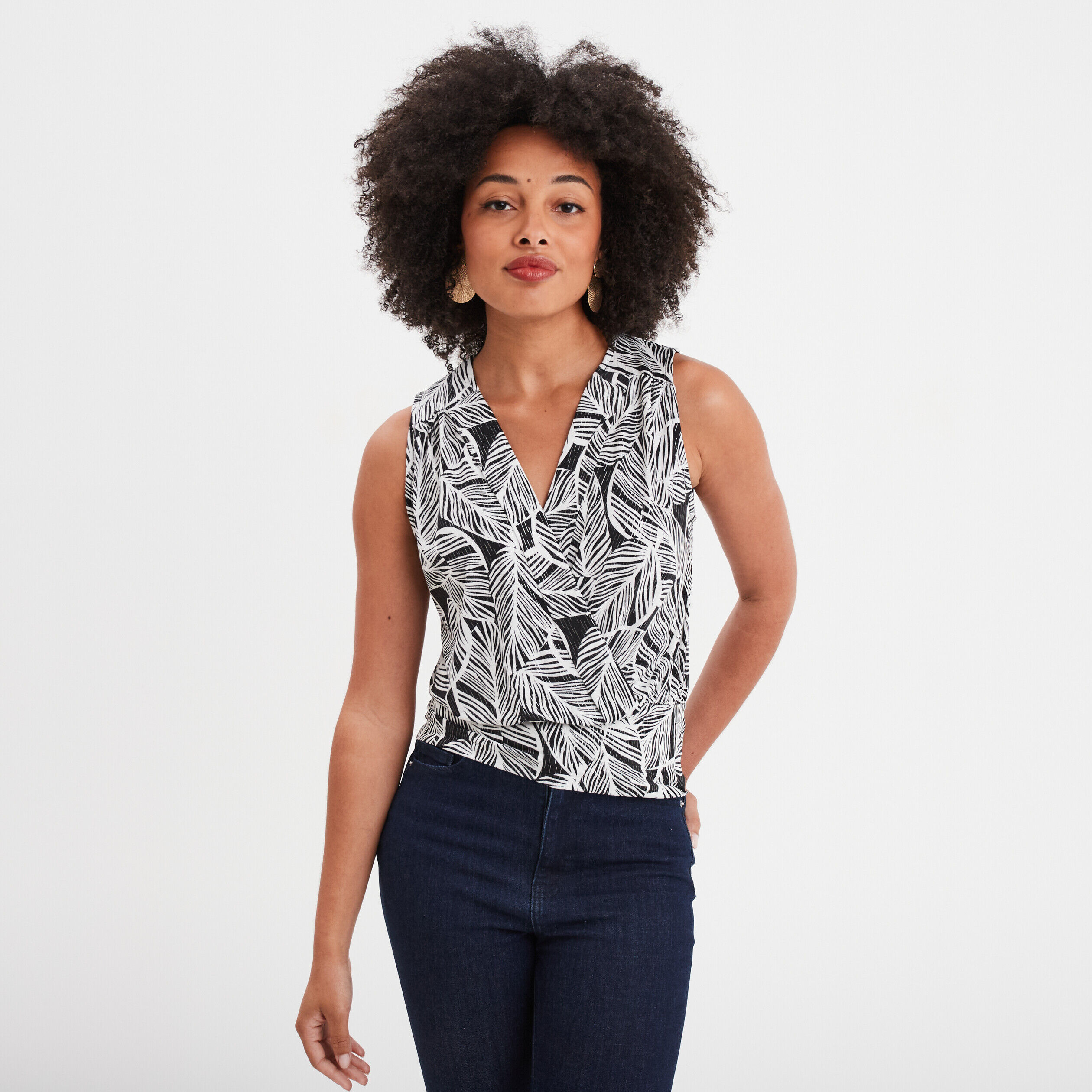 T-shirt sans manches drapé noir femme LH
