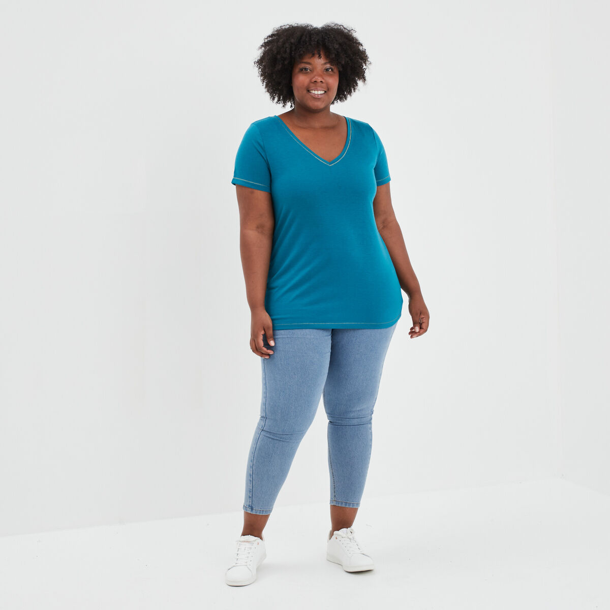 T-shirt manches courtes col V bleu canard femme grande taille